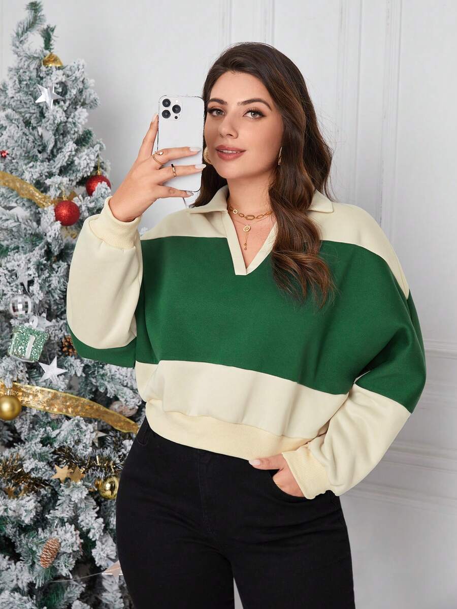 SHEIN Essnce Plus Two Tone Drop Shoulder Sweatshirt - Multicolor - View 1