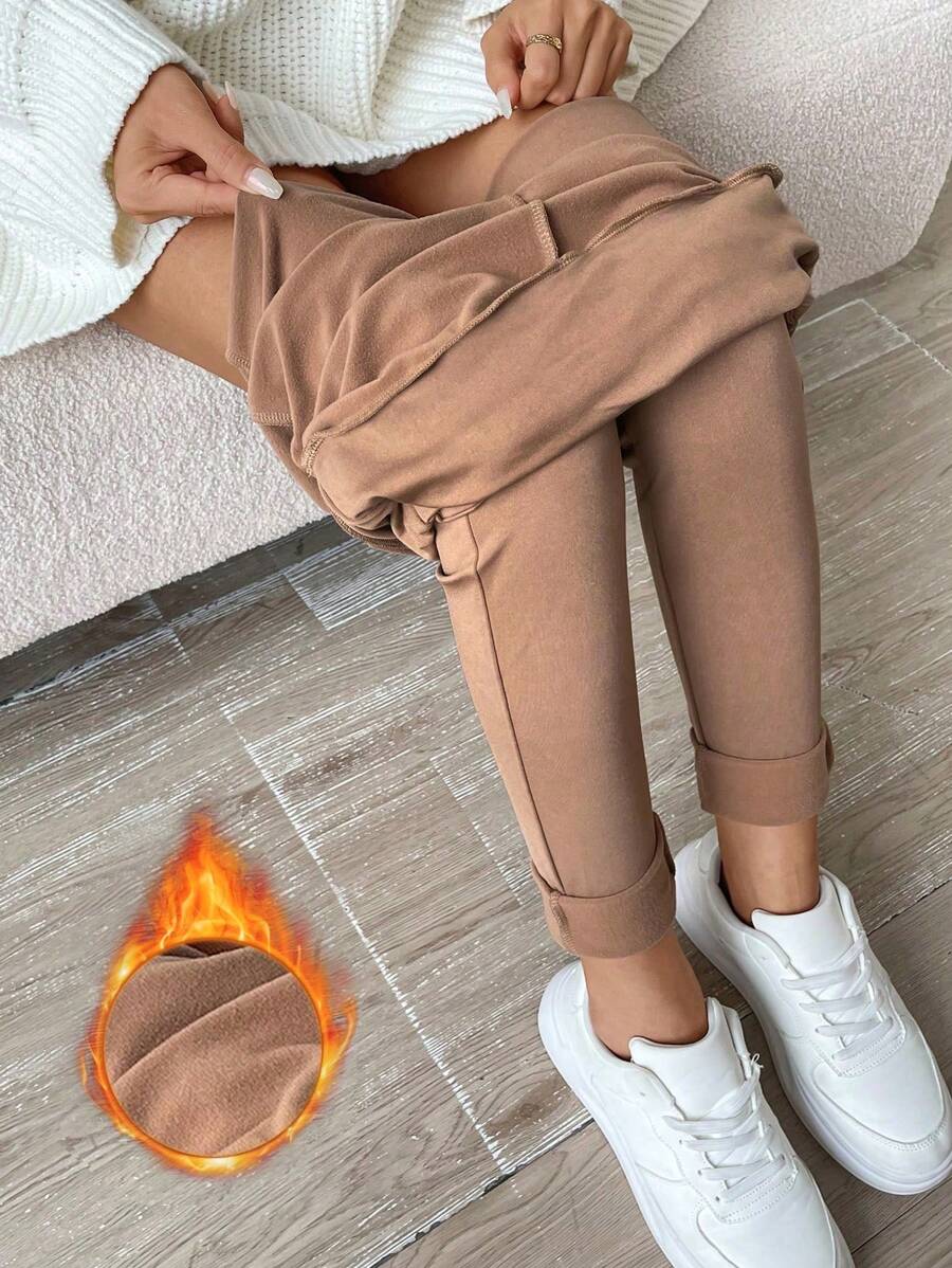 Chiquease 素色交叉圍裹寬腰帶保暖緊身打底褲 - 摩卡棕 - 查看 1