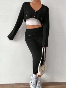 SHEIN Unity con botón delantero Cárdigan crop & Falda de punto sin top tank - Negro - Ver 6
