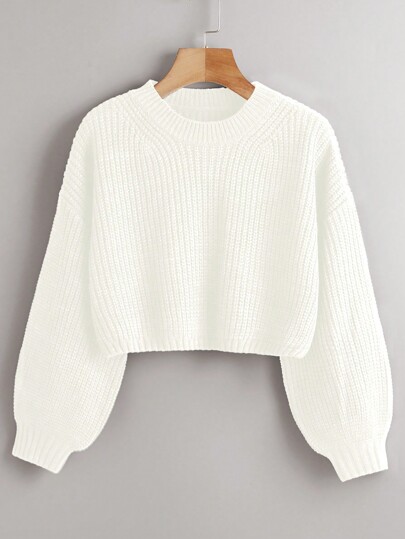 Chiquease Solid Drop Shoulder Crop Sweater,Long Sleeve Tops