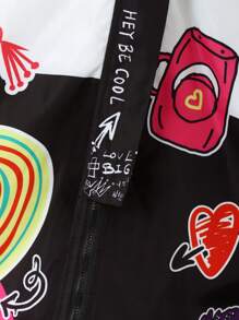 SHEIN Abrigo acolchado con capucha, ribete de borreguillo, gráfico de dibujos animados y letras para niña joven