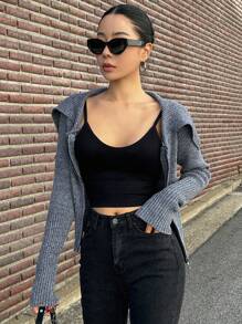 Dazy Star 折邊水手領條紋針織拉鏈開襟開襟衫 - 藍色 - 查看 4