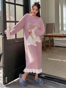 DAZY Cartoon & Đồ họa chữ cái tay áo lá sen Xù Hoa Sen Đầm giản dị - Hồng - Xem 8