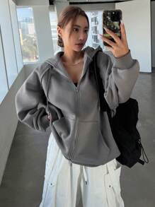 Dazy Star 拉鍊式下垂肩帶束帽保暖衫 - 灰色 - 查看 1