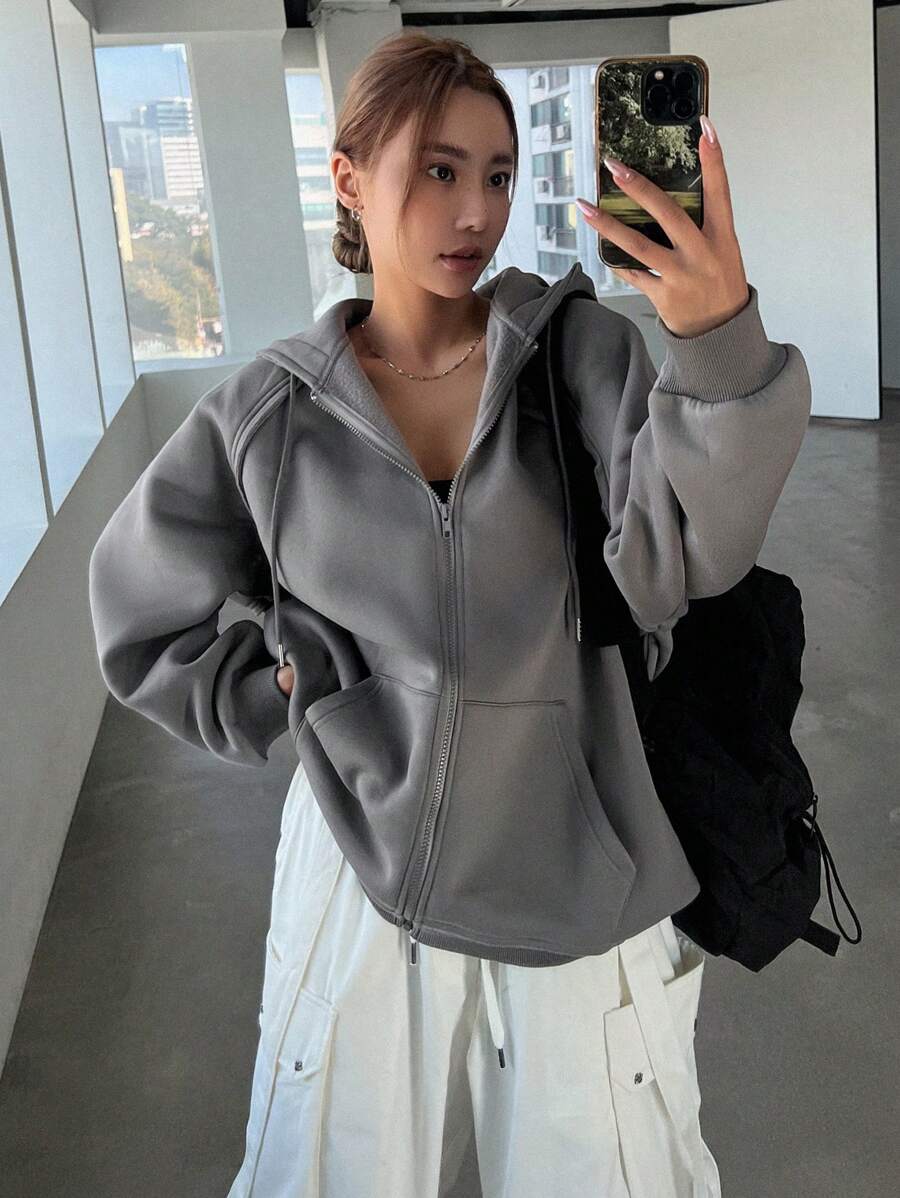 Dazy Star Zip Up Drop Shoulder Drawstring Thermal Lined Hoodie - Grey - View 1