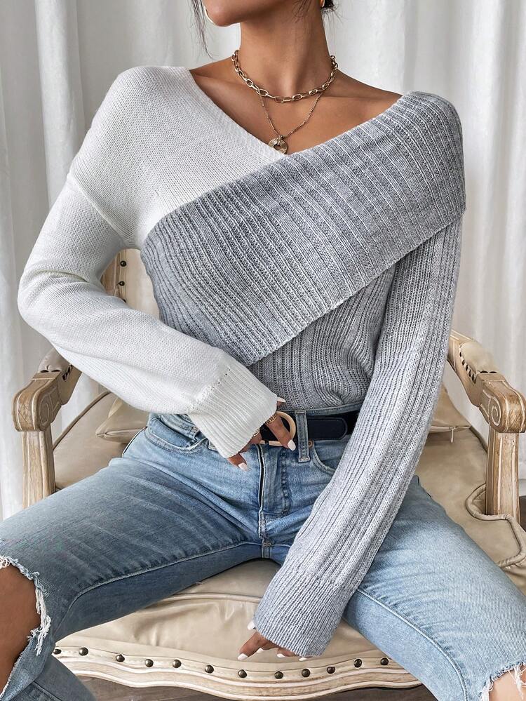 Two Tone Wrap Cross Drop Shoulder Knit Pullover Fall Winter Sweater
