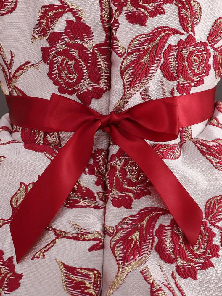 Tween Girl Floral Embroidery Bow Front Mesh Hem Party Dress for Christmas