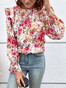 SHEIN VCAY In hoa tay áo lá sen Viền Ruffle Áo sơ mi - Nhiều màu - Xem 5