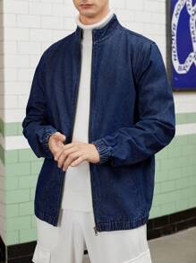 Manfinity Homme Men's Solid Color Half-high Collar Zipper Denim Jacket - Blue - View 4