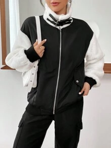 SHEIN EZwear Khối màu Tương phản Teddy Thả vai Áo khoác - Đen và trắng - Xem 3