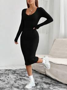 SHEIN PETITE Solid Ribbed Knit Bodycon Spring Women Dress - Black - View 3