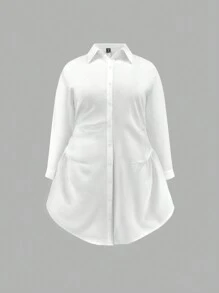 Flirla 大碼素色前紐扣襯衫洋裝 - 白色 - 查看 1