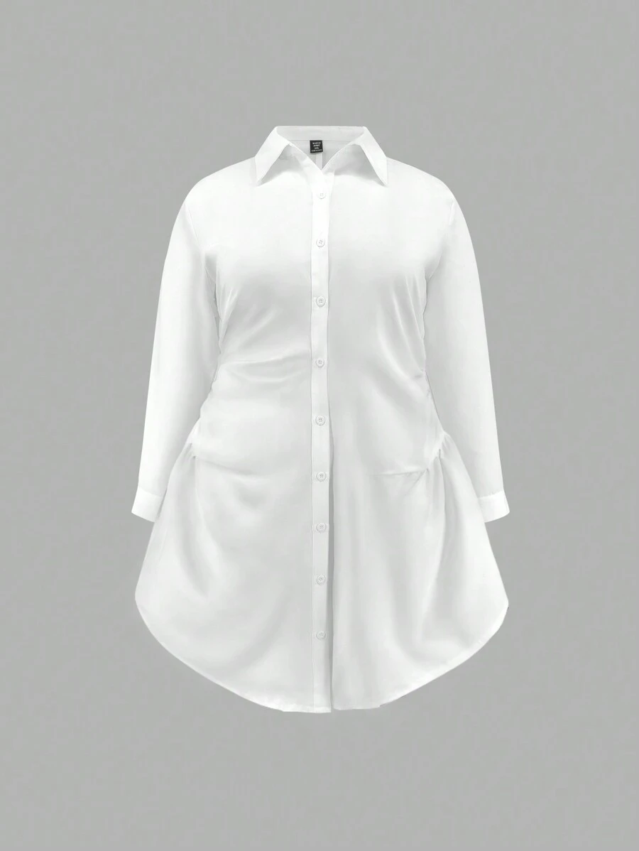 Flirla 大碼素色前紐扣襯衫洋裝 - 白色 - 查看 1