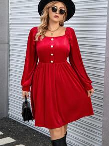 Calvaya Plus Square Neck Lantern Sleeve Half Button Dress - Red - View 6
