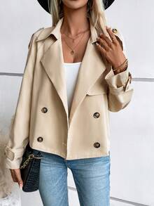 SHEIN Clasi Epaulettes Design Double Breasted Trench Coat - Khaki - View 3