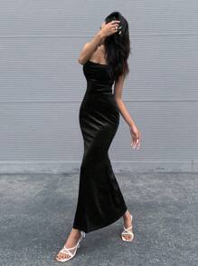 SHEIN Privé 素色露背繫帶魚尾裙下擺絲絨洋裝