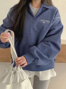 DAZY Đồ họa Chữ cái Contrast Piping Thả vai Áo chui đầu Oversized - Màu tím - Xem 7