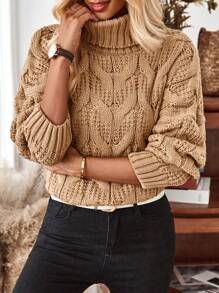 SHEIN LUNE Jersey cuello alto tejido de cable de hombros caídos - Caqui - Ver 3