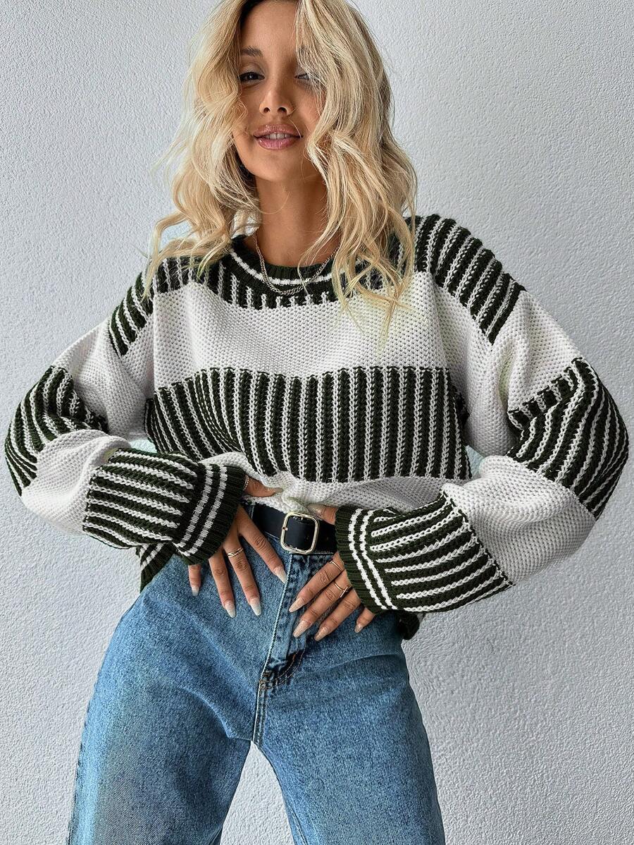 EURMUSE Striped Pattern Drop Shoulder Sweater - Khaki - View 1
