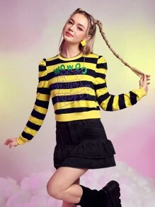 SHEINNeu Letter & Cartoon Graphic Striped Sweatshirt