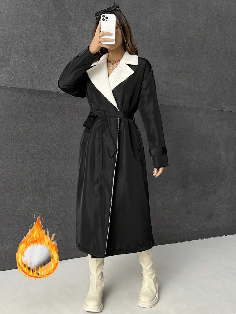 SHEIN EZwear 西裝領毛絨內襯PU皮革外套 - 黑色 - 查看 1