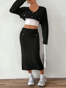 SHEIN Unity con botón delantero Cárdigan crop & Falda de punto sin top tank - Negro - Ver 5