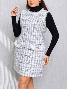 SHEIN Privé 大碼格紋圖案毛邊前紐扣粗花呢洋裝不帶T恤 - 白色 - 查看 4