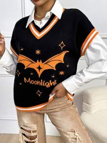 SHEIN Unity 1 Miếng Dơi & Mẫu chữ Sọc trang trí Áo len vest - Nhiều màu - Xem 1