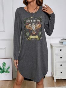 SHEIN LUNE Damenmode Eulen- Und Buchstaben Bedrucktes Kleid, Gürtel Nicht Inbegriffen