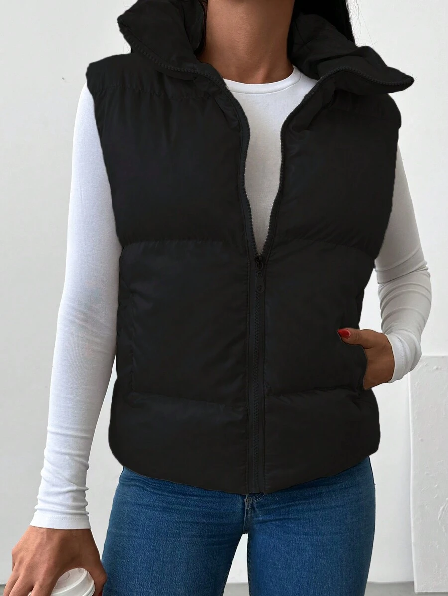 EURMUSE Zip Up Puffer Vest Coat - Green - View 1