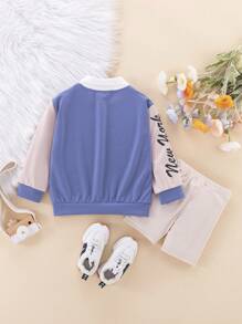 SHEIN Young Girl Letter Graphic Contrast Collar Sweatshirt & Biker Shorts - Blue - View 2