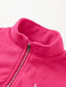 SHEIN Young Girl Letter Embroidery Half Zip Kangaroo Pocket Sweatshirt - Hot Pink - View 4