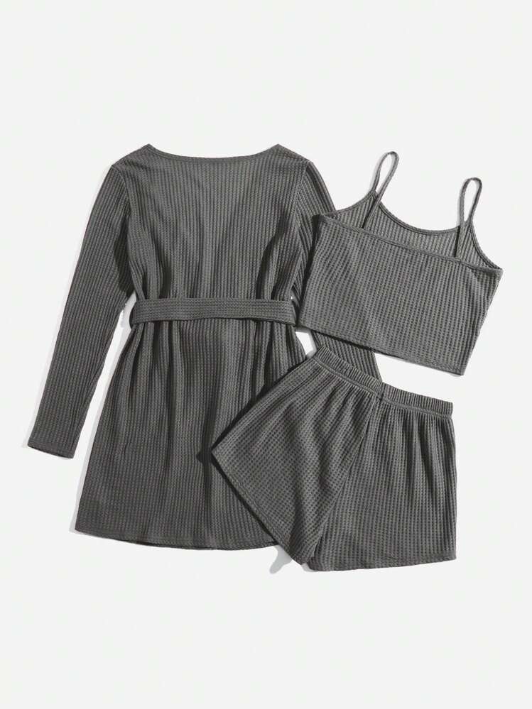 3pcs Waffle Knit Belted Robe & Cami Top & Shorts Lounge Set Cozy Outfit, Fall Clothes - Light Grey - View 2