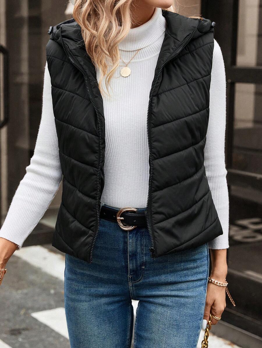 SHEIN Frenchy Áo khoác có mũ trùm đầu có khóa kéo - màu đen - Xem 1