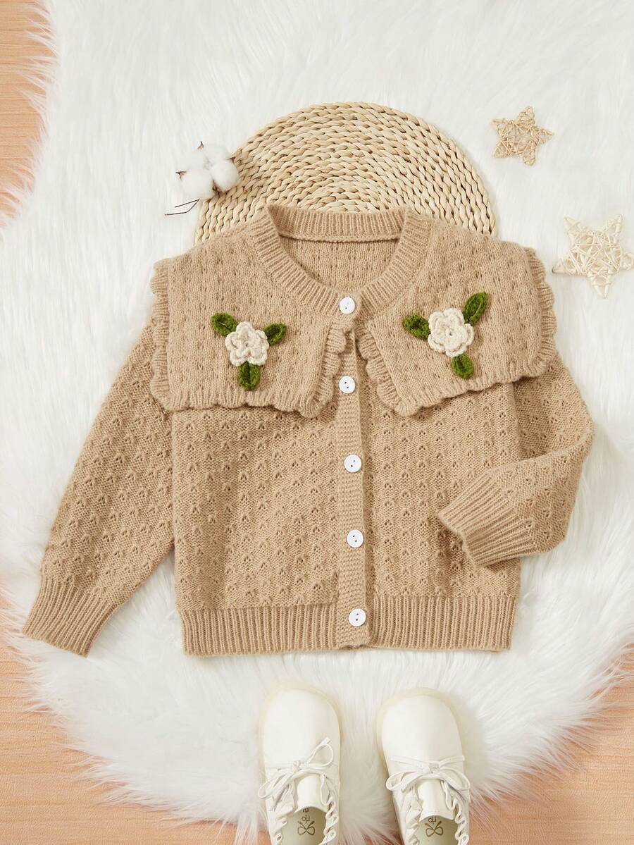 SHEIN 女小童貼花誇大領口開襟衫 - 卡其色 - 查看 1