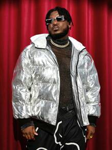 Manfinity VCAY Oversized Men Plus Size Silver Metallic Zip-Up Hooded Padded Coat
