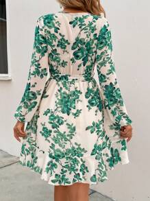 SHEIN Clasi 印花燈籠袖荷葉邊繫腰帶洋裝 - 綠色 - 查看 2