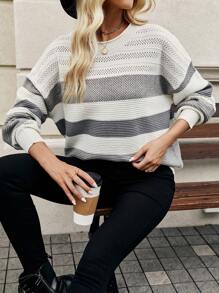 Chiquease Color Block Drop Shoulder Pointelle Knit Sweater - Grey - View 6