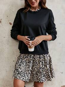 Chiquease 豹紋印花落肩袖假兩件洋裝 - 黑色 - 查看 6