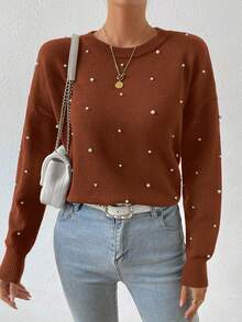 SHEIN Frenchy Pearls Beaded Drop Shoulder Sweater - Coffee Brown - View 4