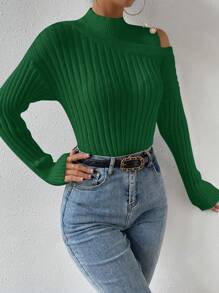 Chiquease Cổ giả Cắt bỏ vai Chi tiết Nút Áo len - xanh quân đội - Xem 4