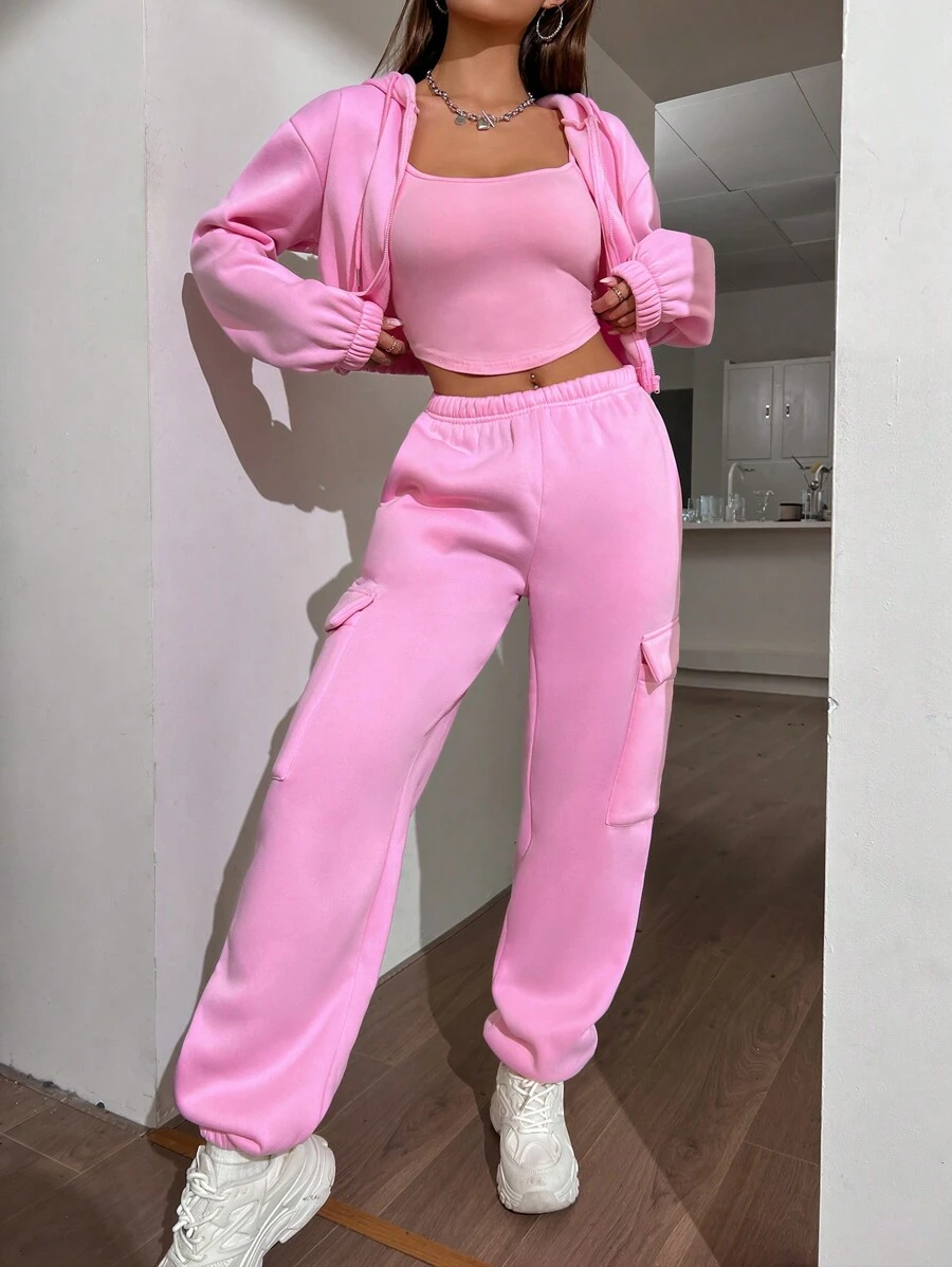 SHEIN Unity Chất rắn Áo Zip Up Hoodie & Túi có nắp Quần thể thao & Cami ngọn - Hồng - Xem 1