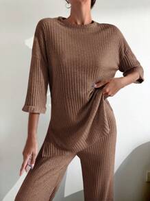 EURMUSE 100%Cotton Solid Drop Shoulder Ribbed Knit Tee & Pants - Khaki - View 4