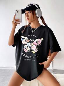 SHEIN EZwear Floral & Slogan Graphic Drop Shoulder Tee - Black - View 3
