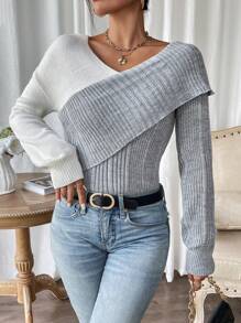 Chiquease 双色交叉落肩针织套头衫秋冬毛衣 - 彩色 - 查看 5