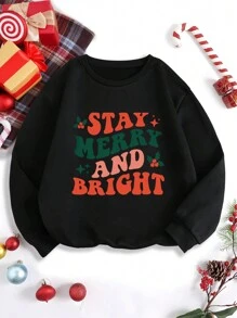 SHEIN EZwear 1入組聖誕圖案加絨內裏運動衫 - 黑色 - 查看 1