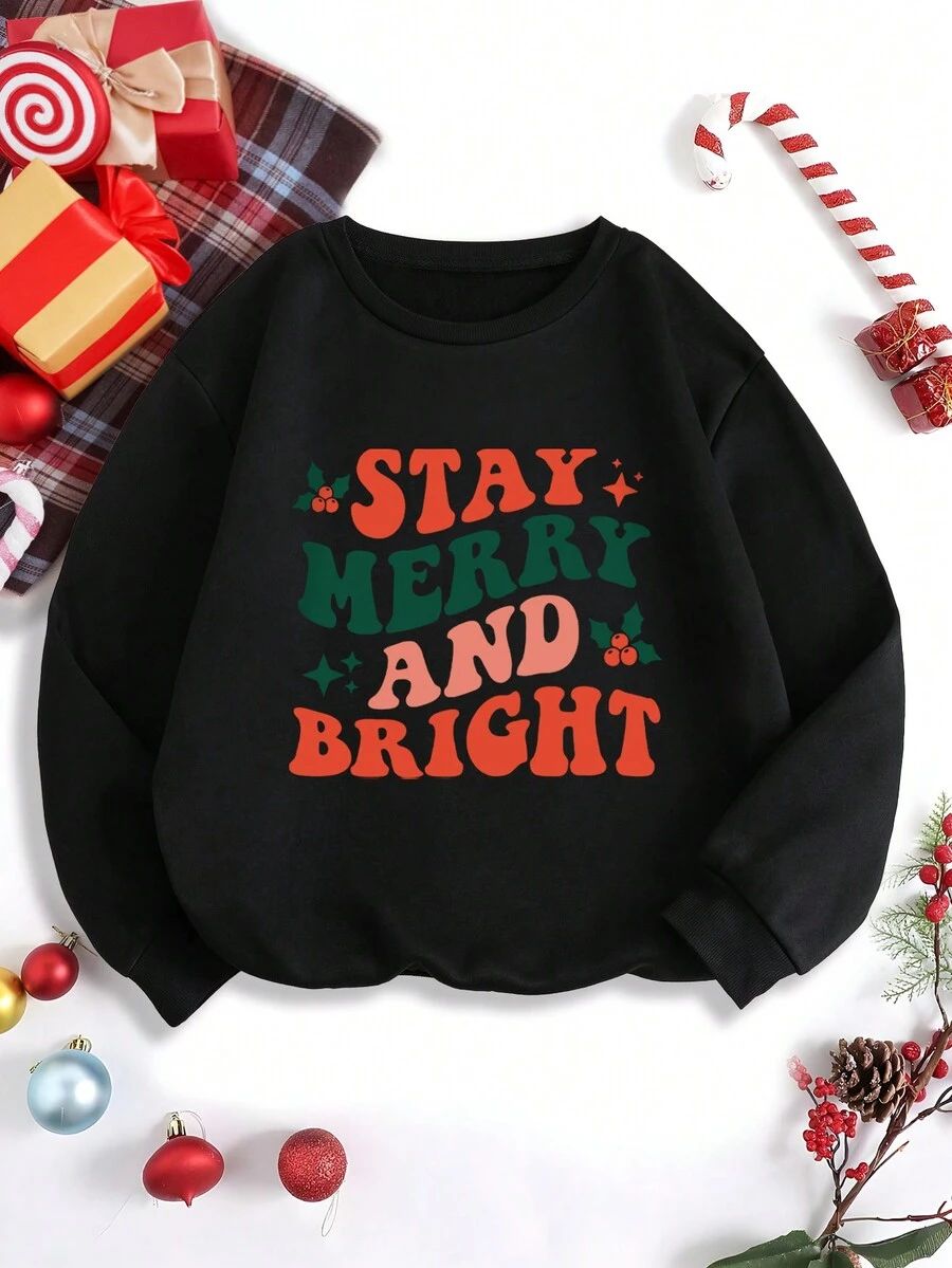 SHEIN EZwear 1入組聖誕圖案加絨內裏運動衫 - 黑色 - 查看 1