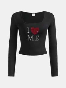SHEIN Camiseta de manga larga con cuello cuadrado, estampado de letra con strass y unicolor "I Love Me" para adolescentes en el Día de San Valentín - Negro - Ver 1