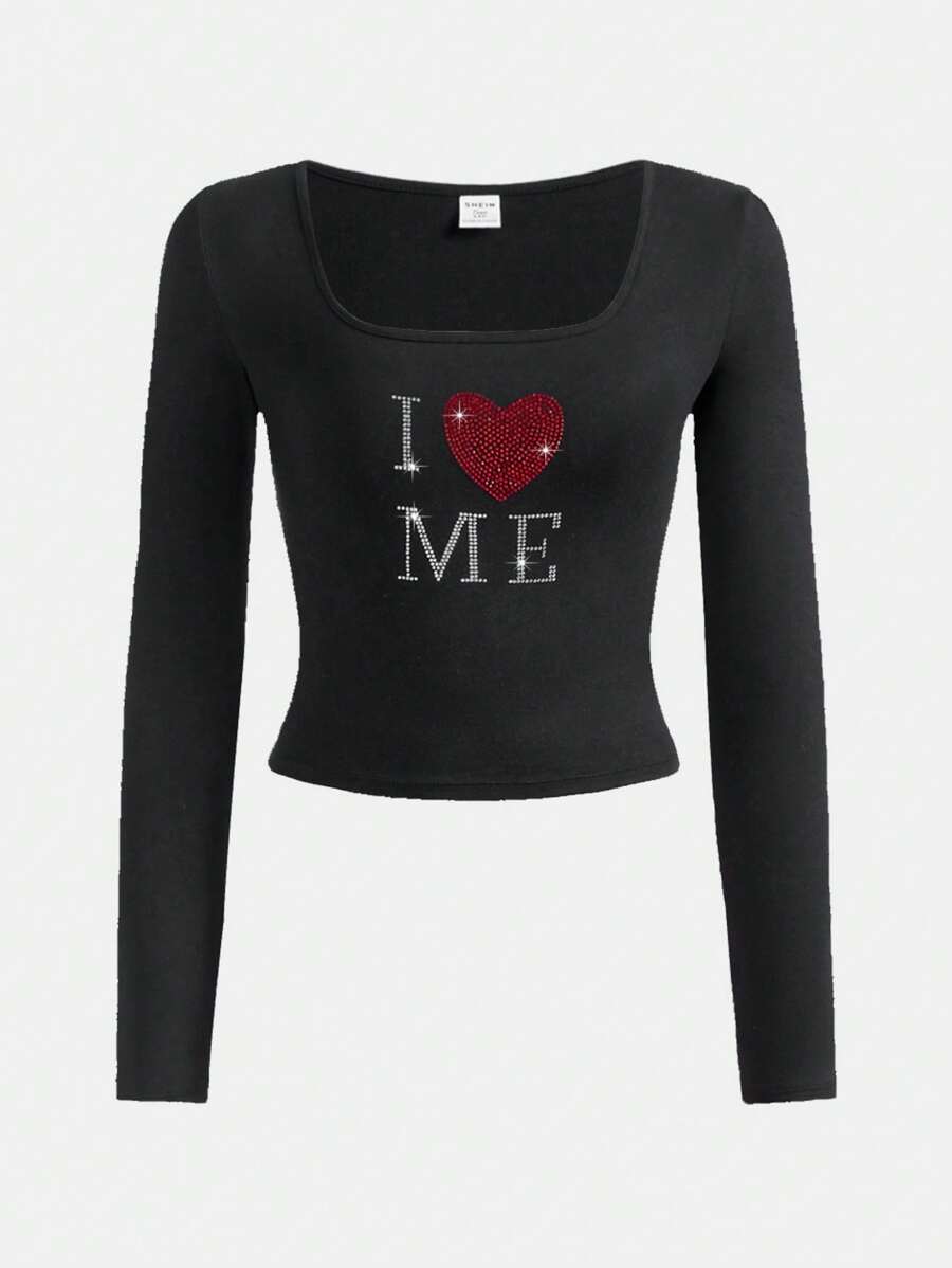 SHEIN Camiseta de manga larga con cuello cuadrado, estampado de letra con strass y unicolor "I Love Me" para adolescentes en el Día de San Valentín - Negro - Ver 1