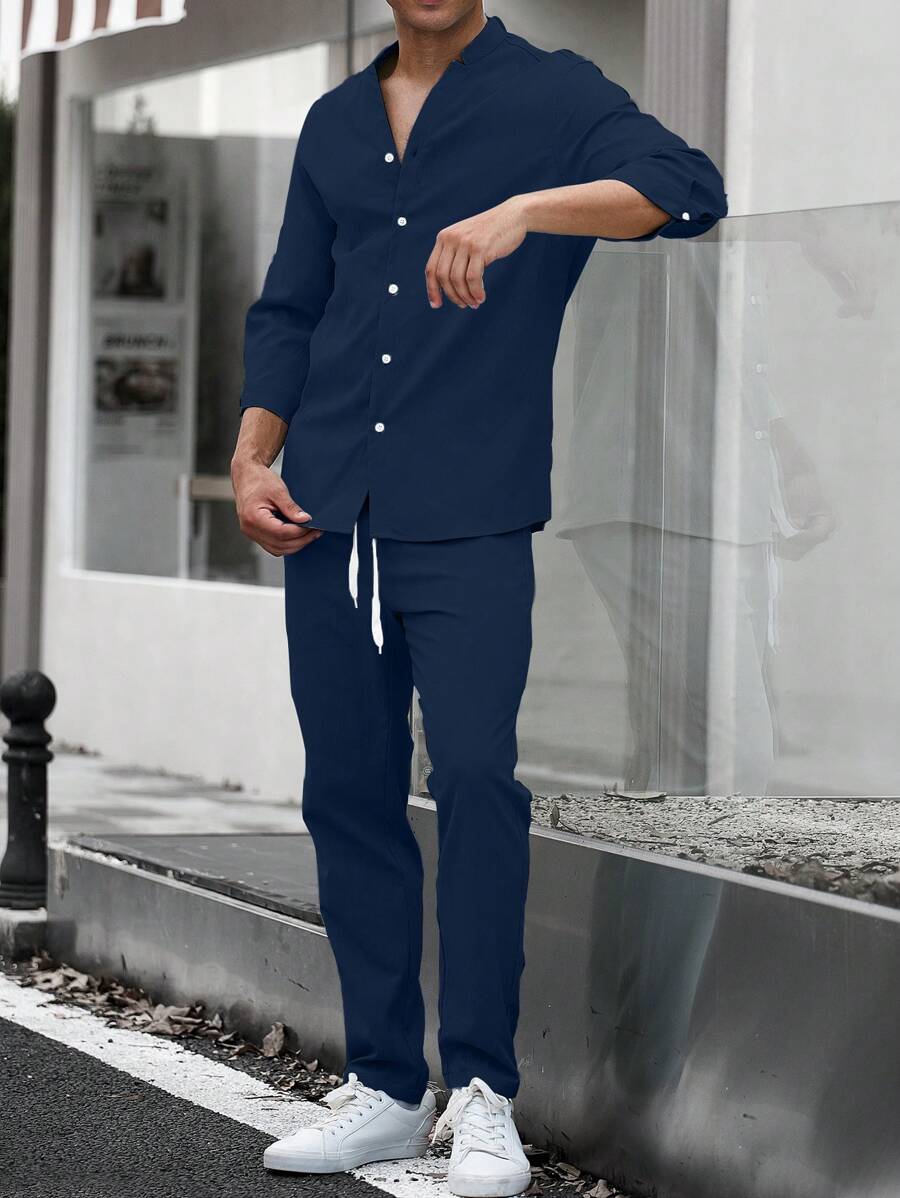 Manfinity Men Solid Shirt & Drawstring Waist Pants Without Tee - Royal Blue - View 1